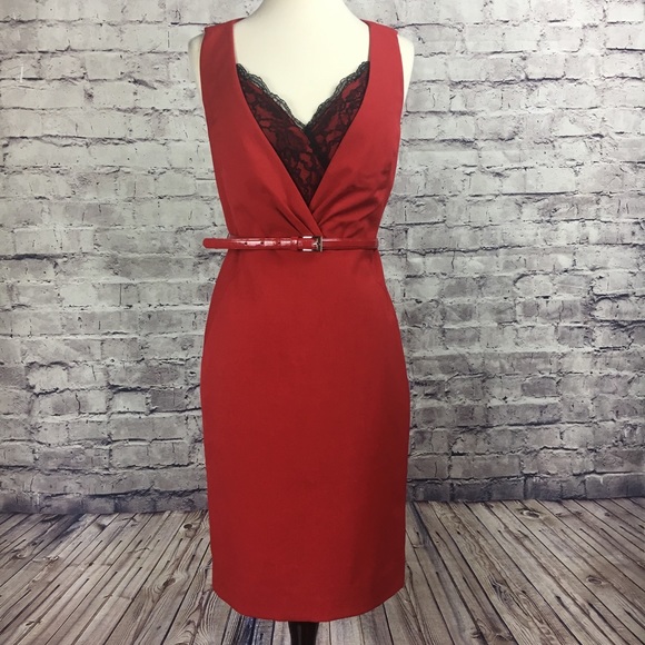 Red Eccoci Career Dress with Black Lace V Plunge - Picture 2 of 8
